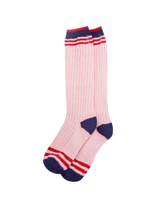 Striped Combed Cotton Knee High Glitter Socks in Pink/Navy