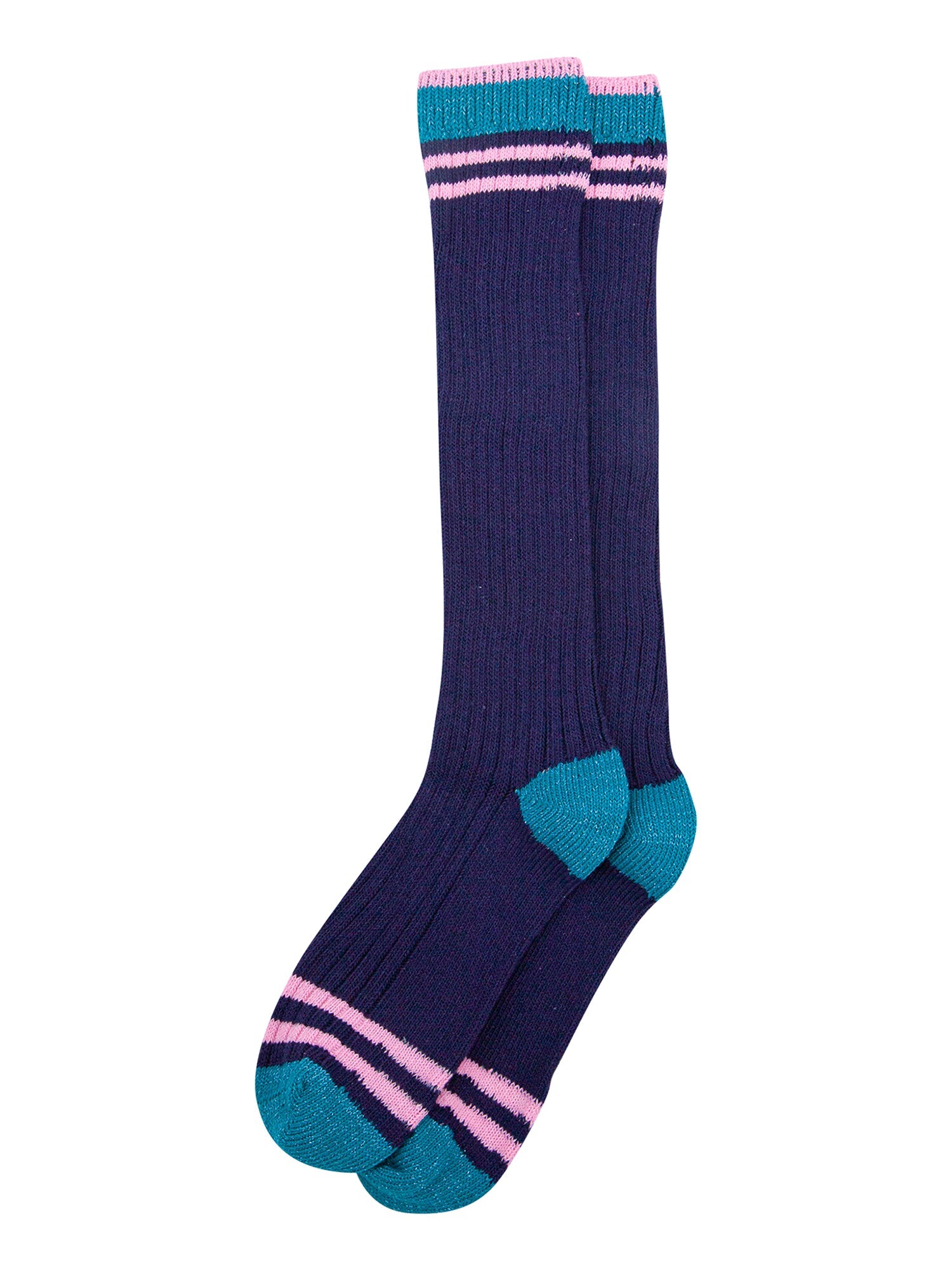 Striped-Combed-Cotton-Knee-High-Glitter-Socks-in-Navy-Green-flat-lay
