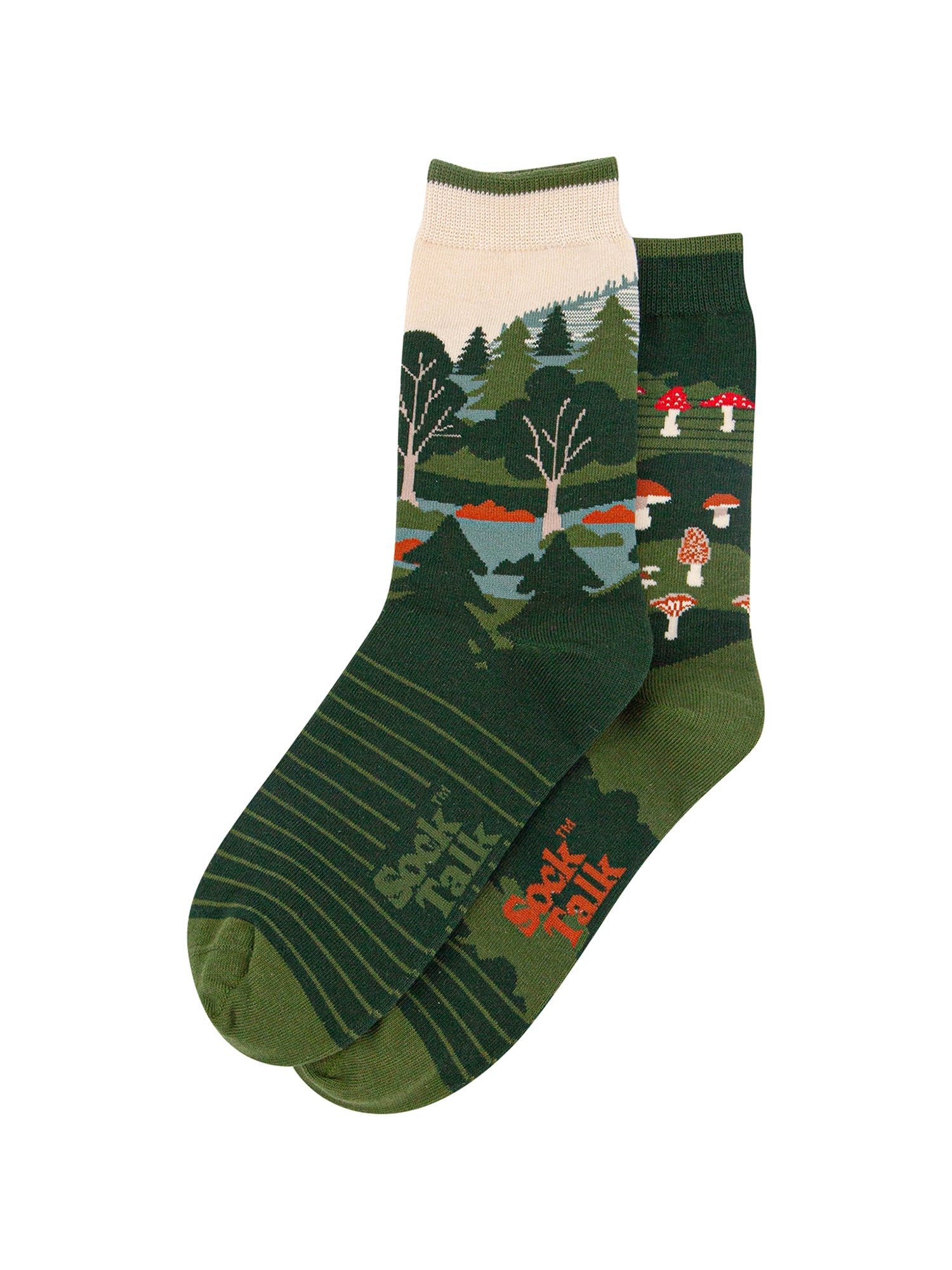 Woodland-Forest-Combed-Cotton-Odd-Socks-in-Green-Lying-Flat