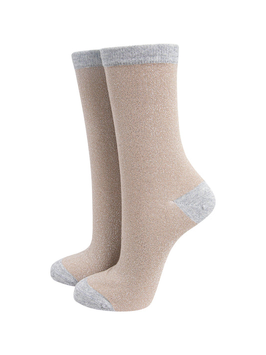 Plain Combed Cotton Glitter Socks in Beige/Grey