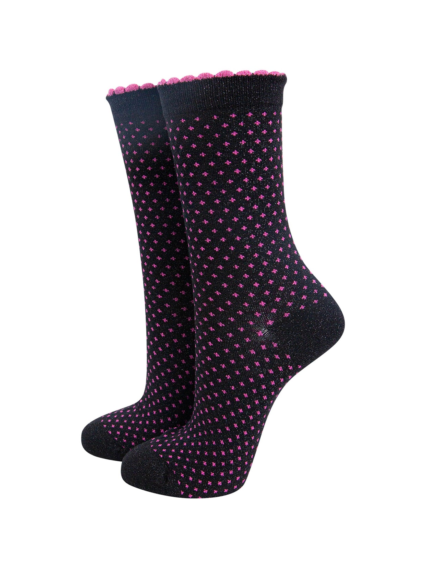 Polka-Dots-Combed-Cotton-Glitter-Socks-in-Black-mannequin