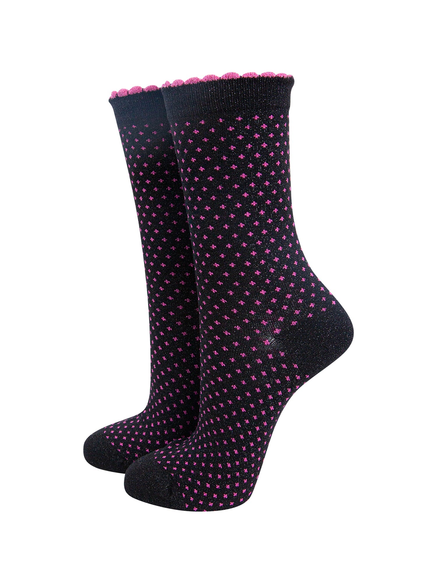 Polka-Dots-Combed-Cotton-Glitter-Socks-in-Black-mannequin
