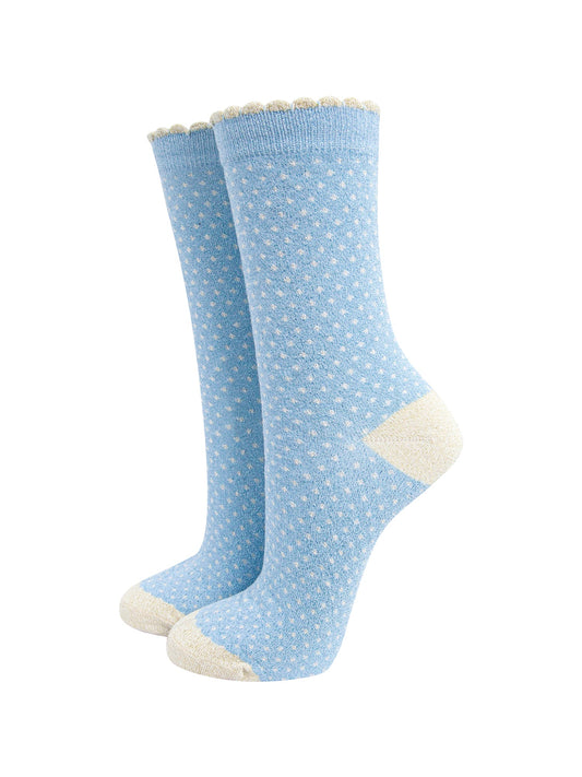 Polka-Dots-Combed-Cotton-Glitter-Socks-in-Light-Blue-Cream-mannequin