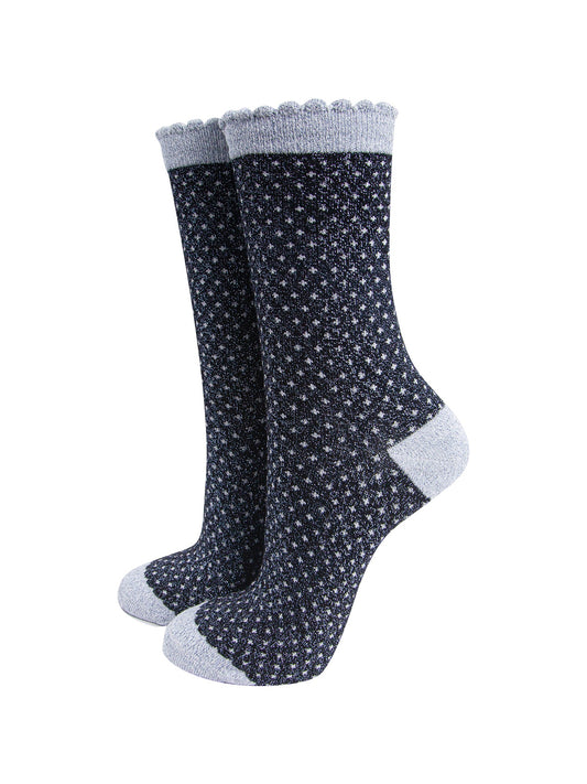 Polka-Dots-Combed-Cotton-Glitter-Socks-in-Navy-Blue-mannequin