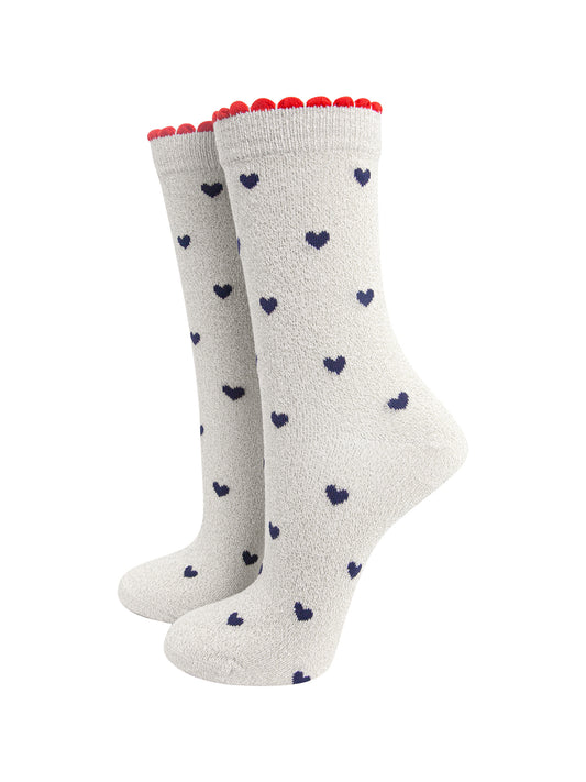 Love Hearts Combed Cotton Glitter Socks in Silver/Navy Blue