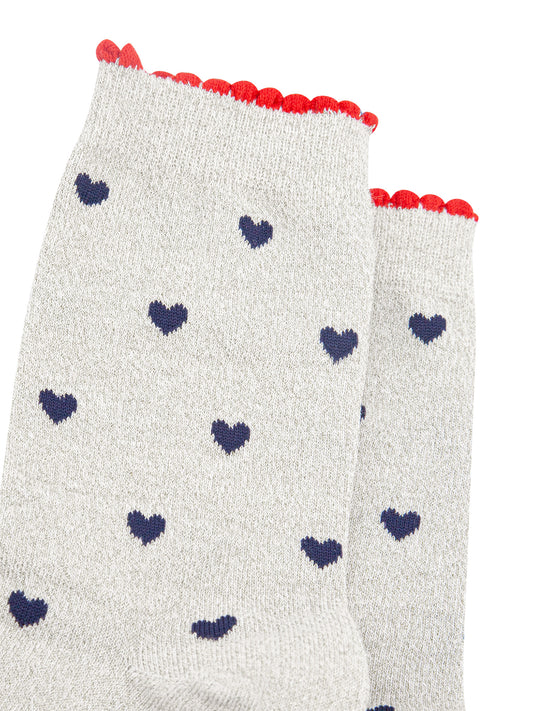 Love Hearts Combed Cotton Glitter Socks in Silver/Navy Blue