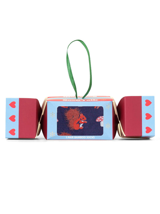 Squirrel Fluffy Bamboo Crew Socks Christmas Cracker Gift Box in Navy Blue
