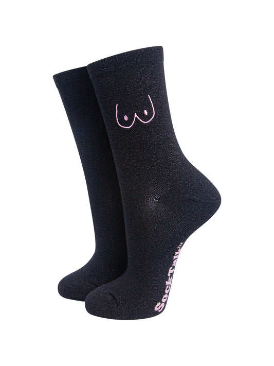 Boobs-Combed-Cotton-Glitter-Embroidered-Socks-in-Black-On-Mannequin