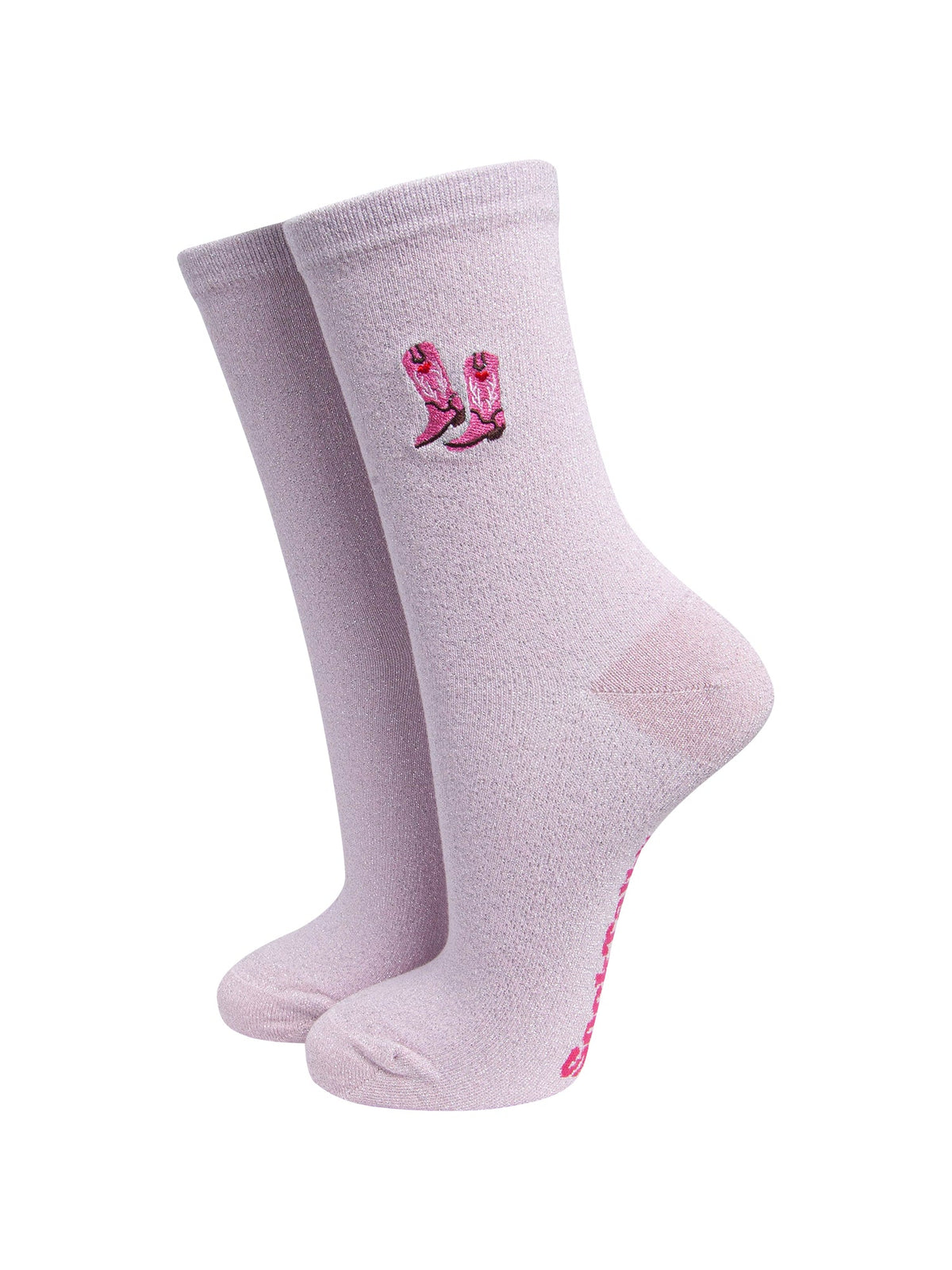 Cowboy-Boot-Combed-Cotton-Glitter-Embroidered-Socks-in-Baby-Pink-On-Mannequin