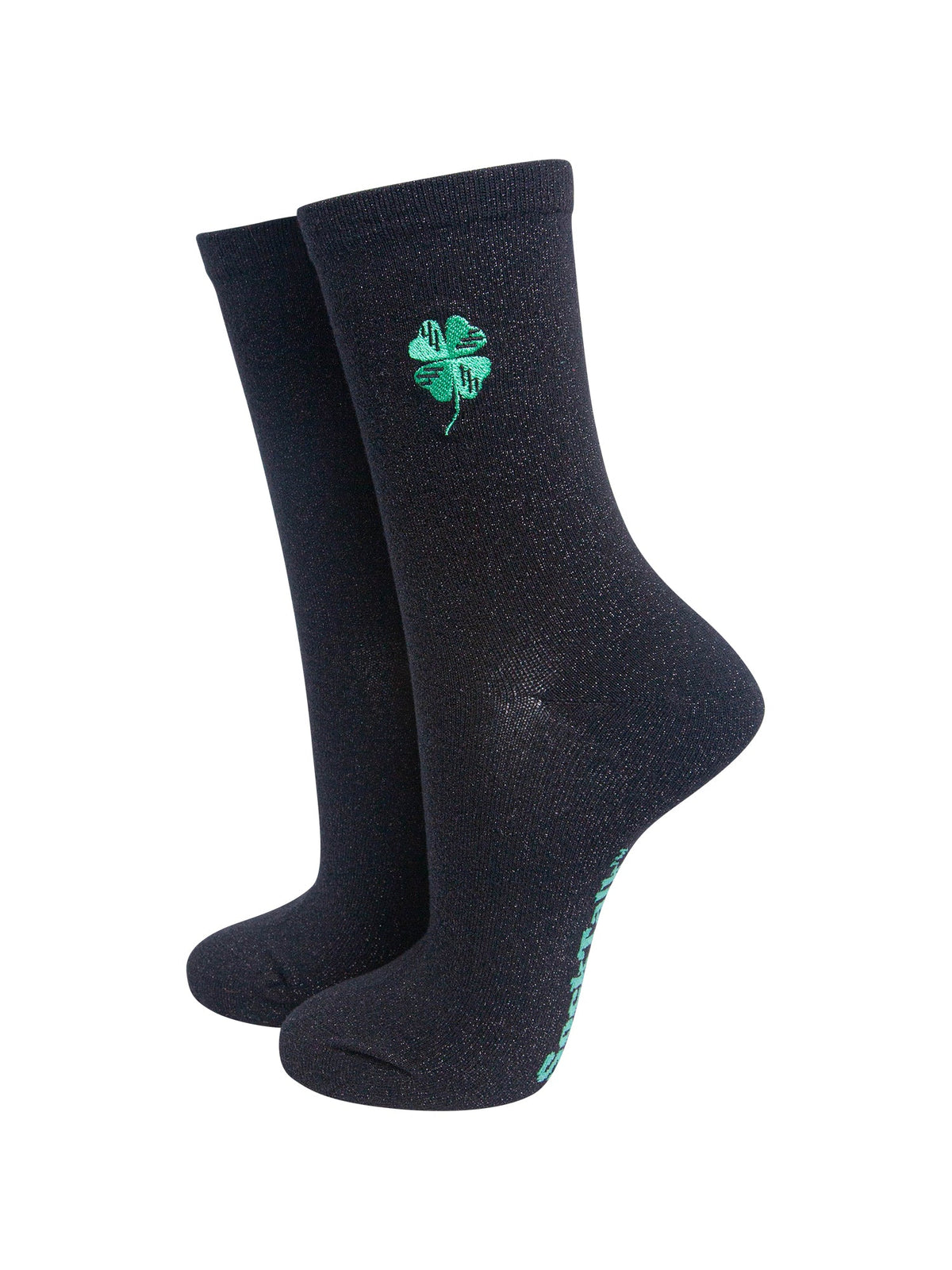 Four-Leaf-Clover-Combed-Cotton-Glitter-Embroidered-Socks-in-Black-On-Mannequin
