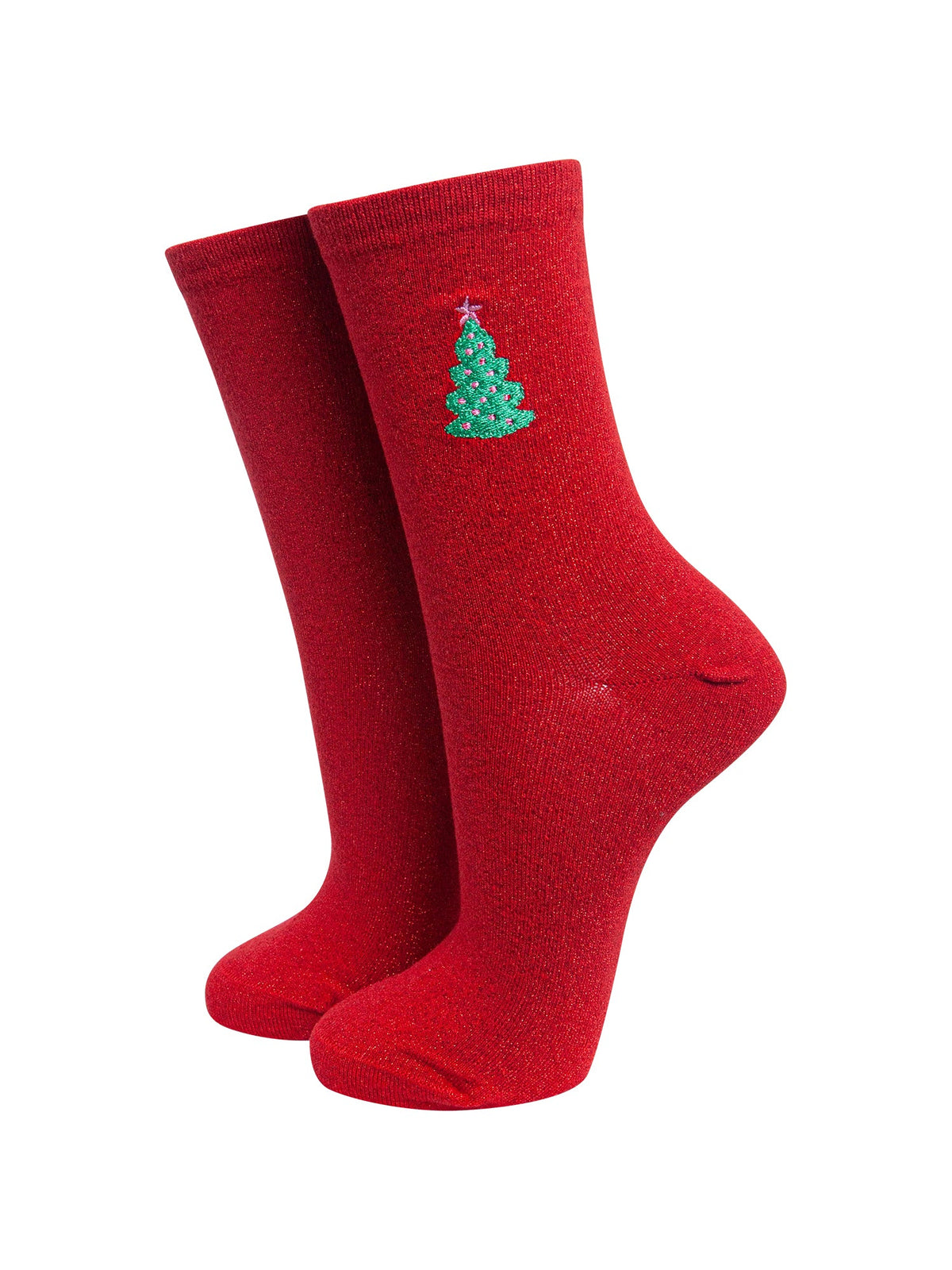 Christmas-Tree-Combed-Cotton-Glitter-Embroidered-Socks-in-Red-On-Mannequin