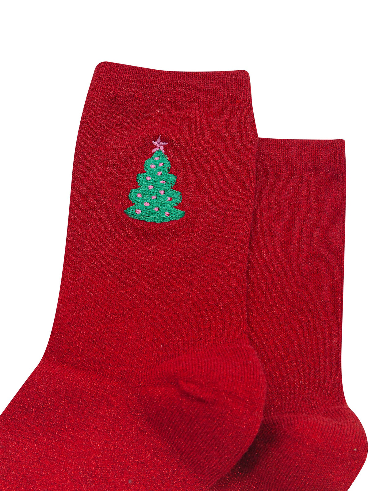 Christmas-Tree-Combed-Cotton-Glitter-Embroidered-Socks-in-Red-Close-Up