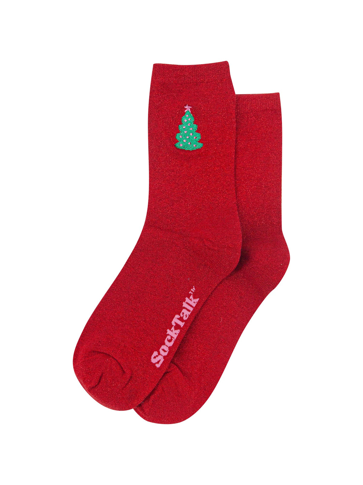 Christmas-Tree-Combed-Cotton-Glitter-Embroidered-Socks-in-Red-Laid-Flat
