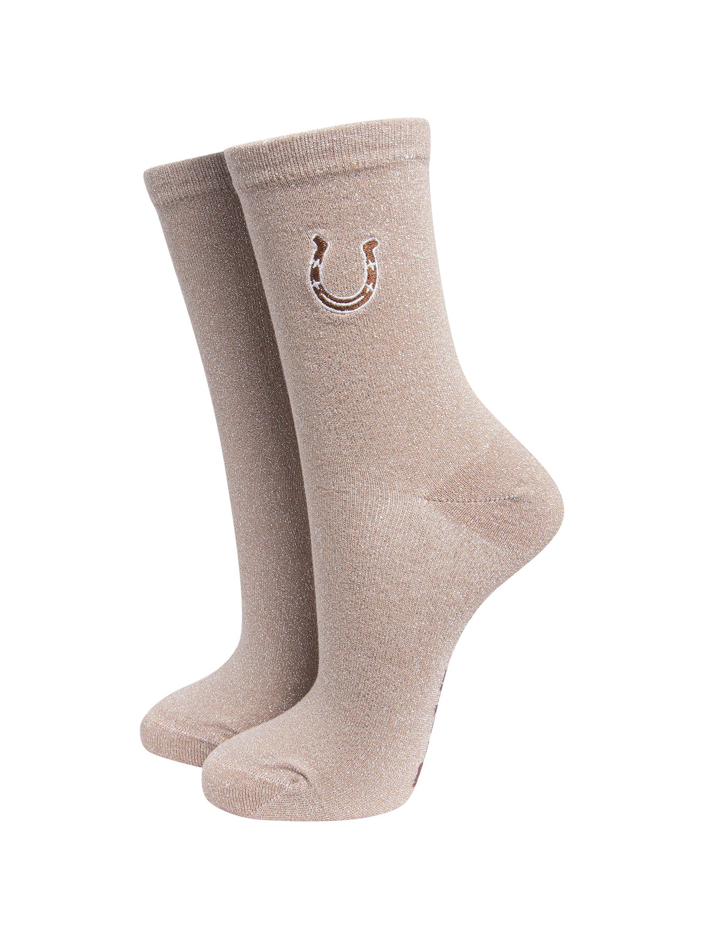 Horseshoe-Combed-Cotton-Glitter-Embroidered-Socks-in-Beige-On-Mannequin