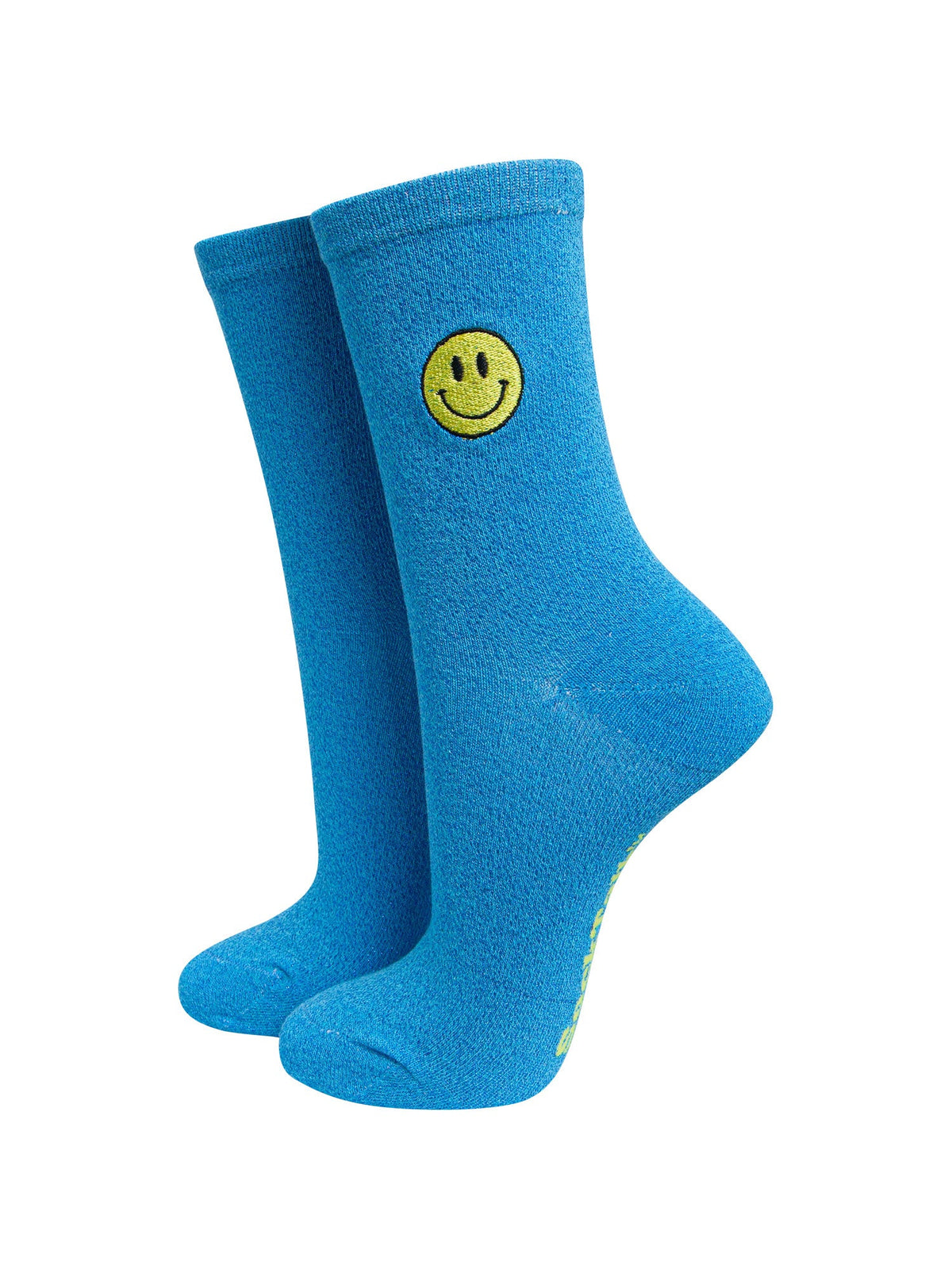 Smiley-Face-Combed-Cotton-Glitter-Embroidered-Socks-in-Electric-Blue-On-Mannequin