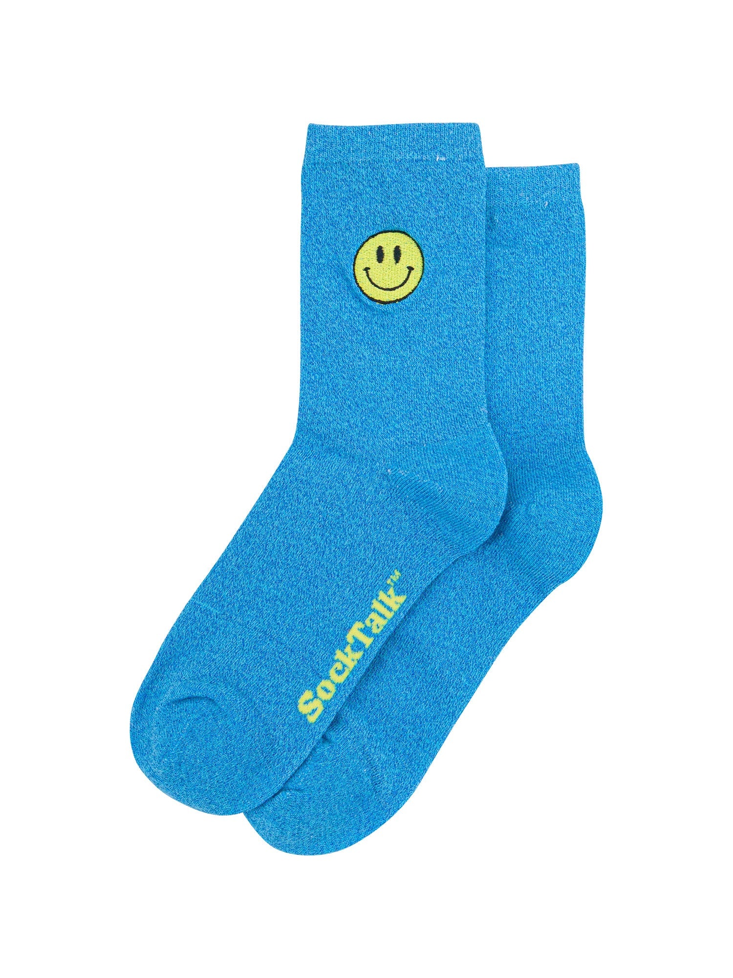 Smiley-Face-Combed-Cotton-Glitter-Embroidered-Socks-in-Electric-Blue-Laid-Flat