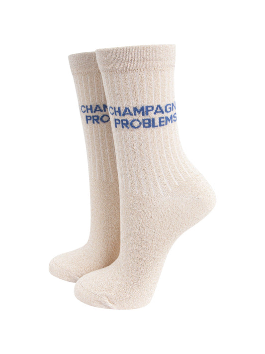 Champagne Problems Combed Cotton Glitter Socks in Cream