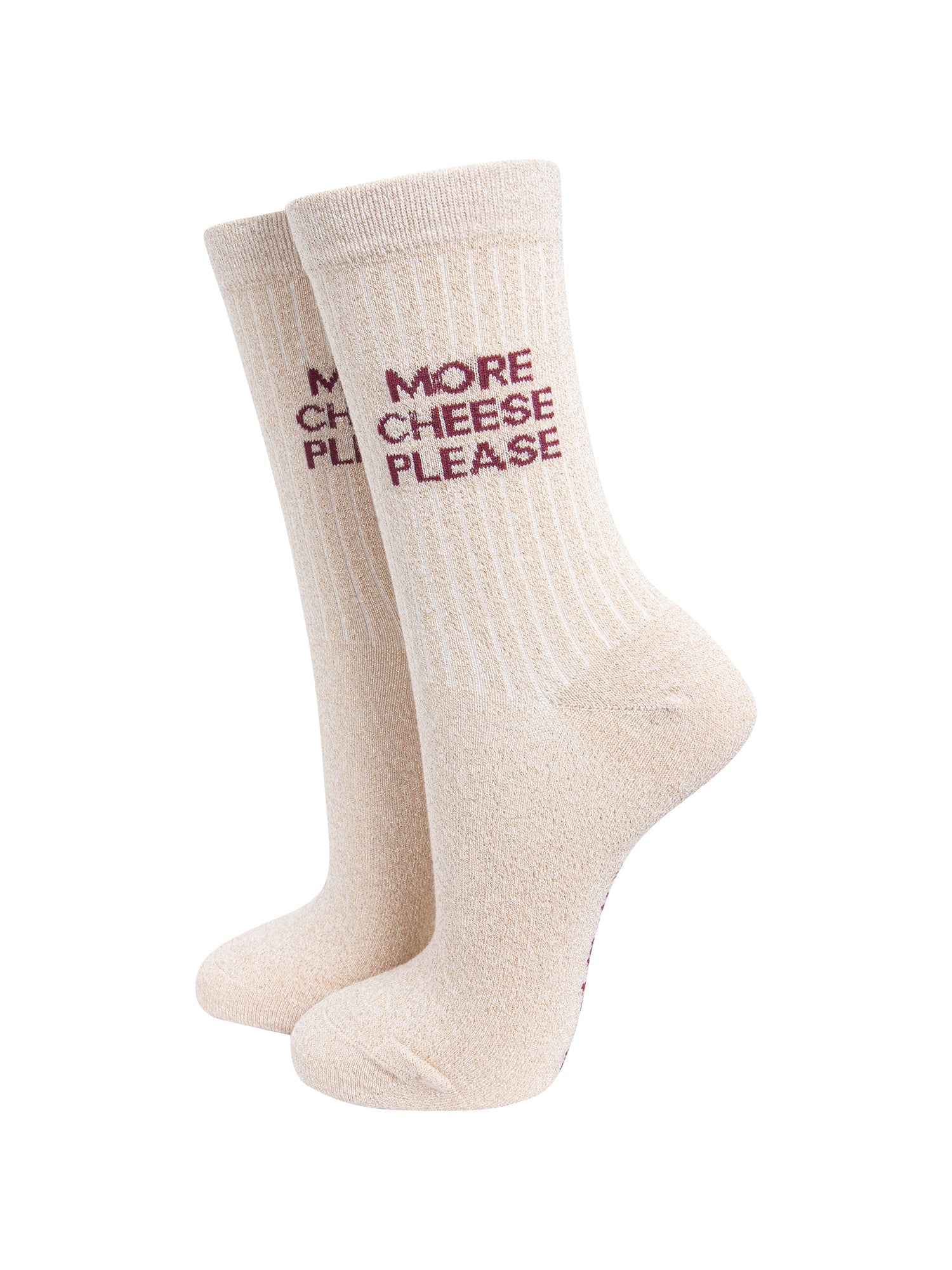 More-Cheese-Please-Combed-Cotton-Glitter-Socks-in-Cream-On-Mannequin