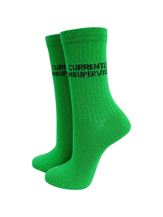 Currently Unsupervised Combed Cotton Glitter Socks in Lime