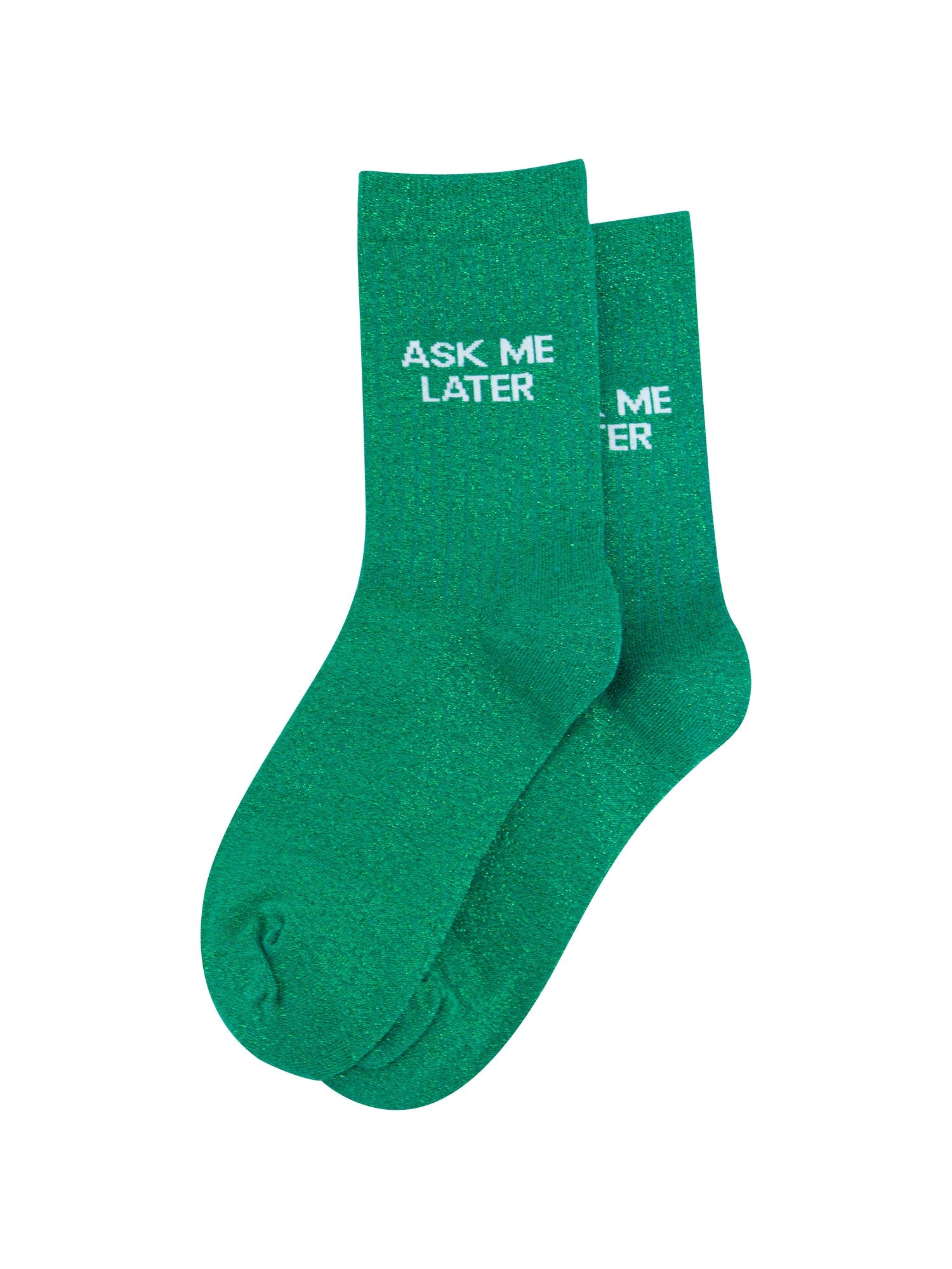 Ask-Me-Later-Glitter-Combed-Cotton-Word-Crew-Socks-for-Women-Green-flat-lay