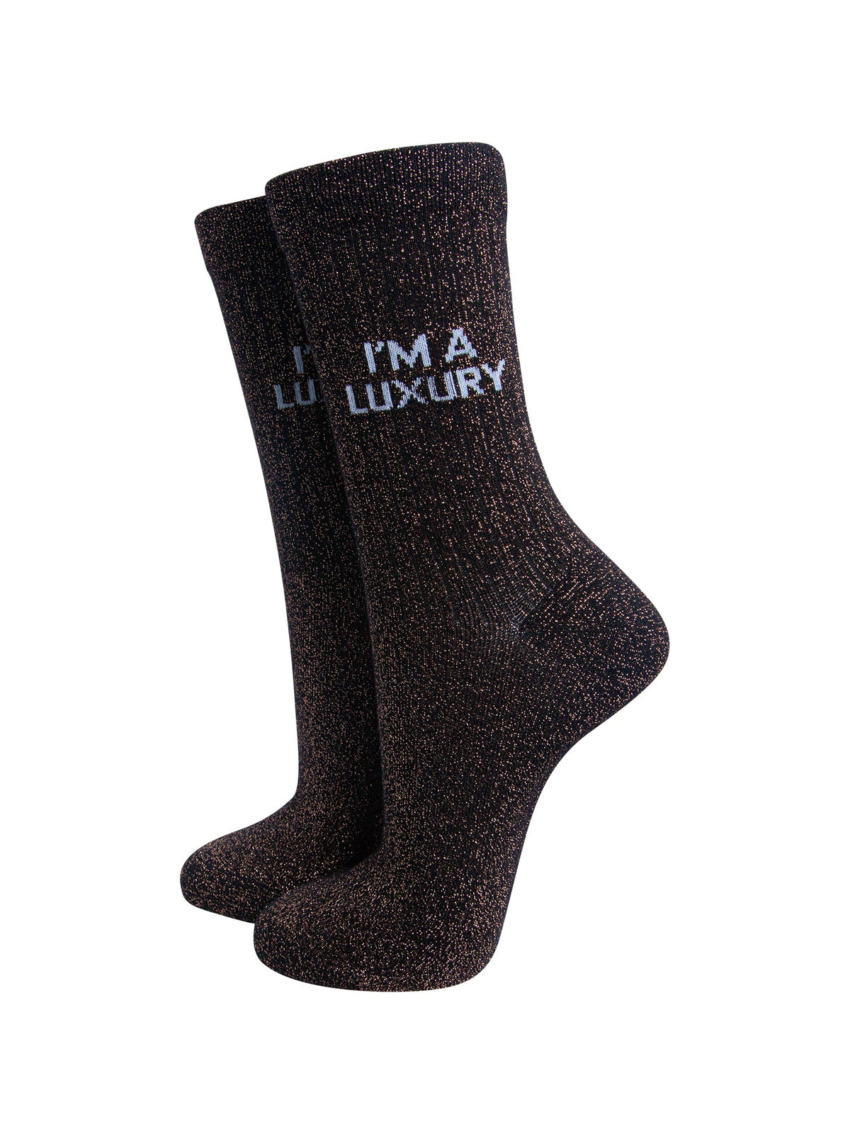 I'm-a-Luxury-Combed-Cotton-Glitter-Socks-in-Black-/Brown-On-Mannequin