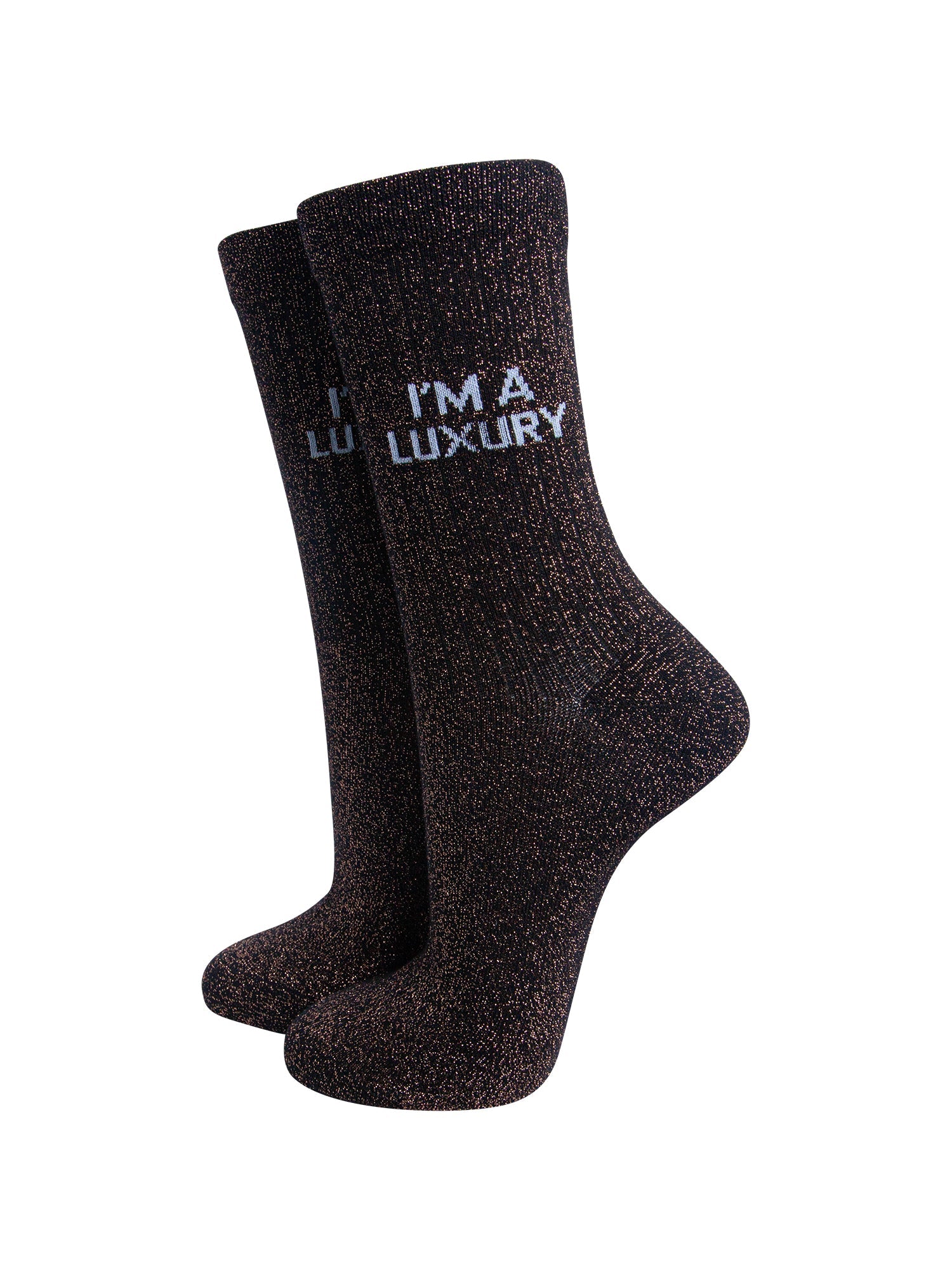 I'm-a-Luxury-Combed-Cotton-Glitter-Socks-in-Black-/Brown-On-Mannequin