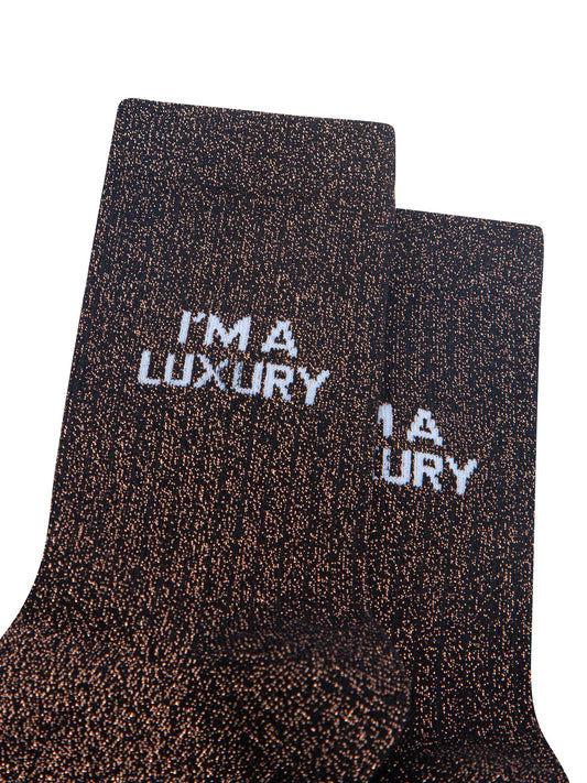 I'm-a-Luxury-Combed-Cotton-Glitter-Socks-in-Black-/Brown-Close-Up
