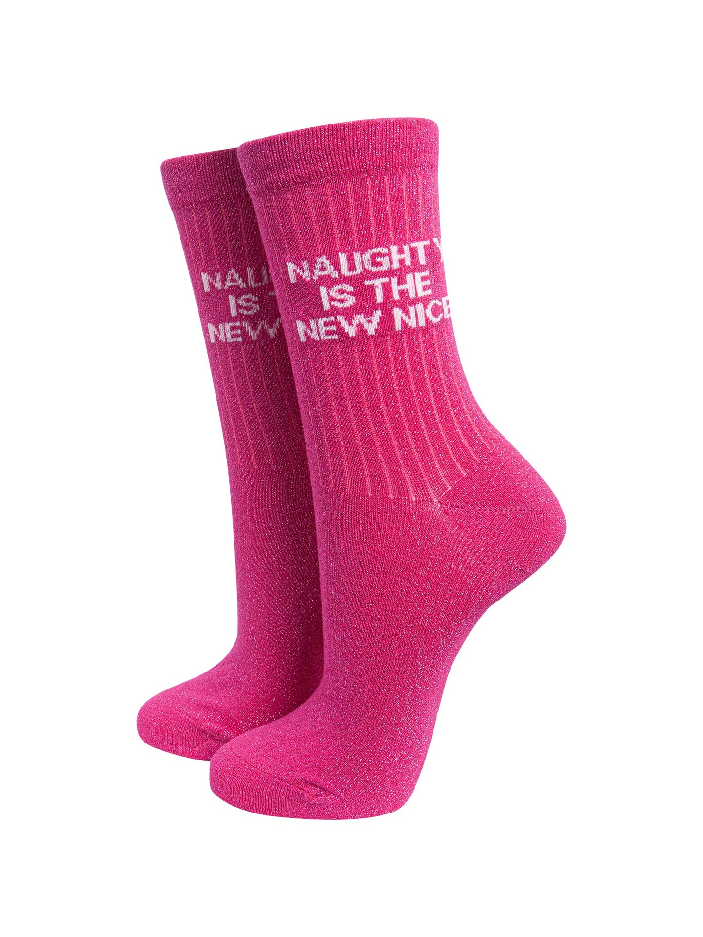 Naughty-Is-The-New-Nice-Combed-Cotton-Glitter-Socks-in-Hot-Pink-On-Mannequin