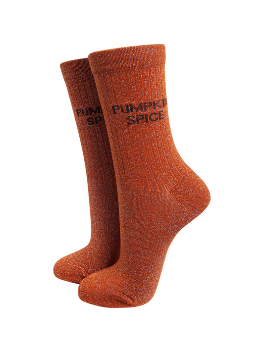 Pumpkin-Spice-Combed-Cotton-Glitter-Socks-in-Burnt-Orange-On-Mannequin