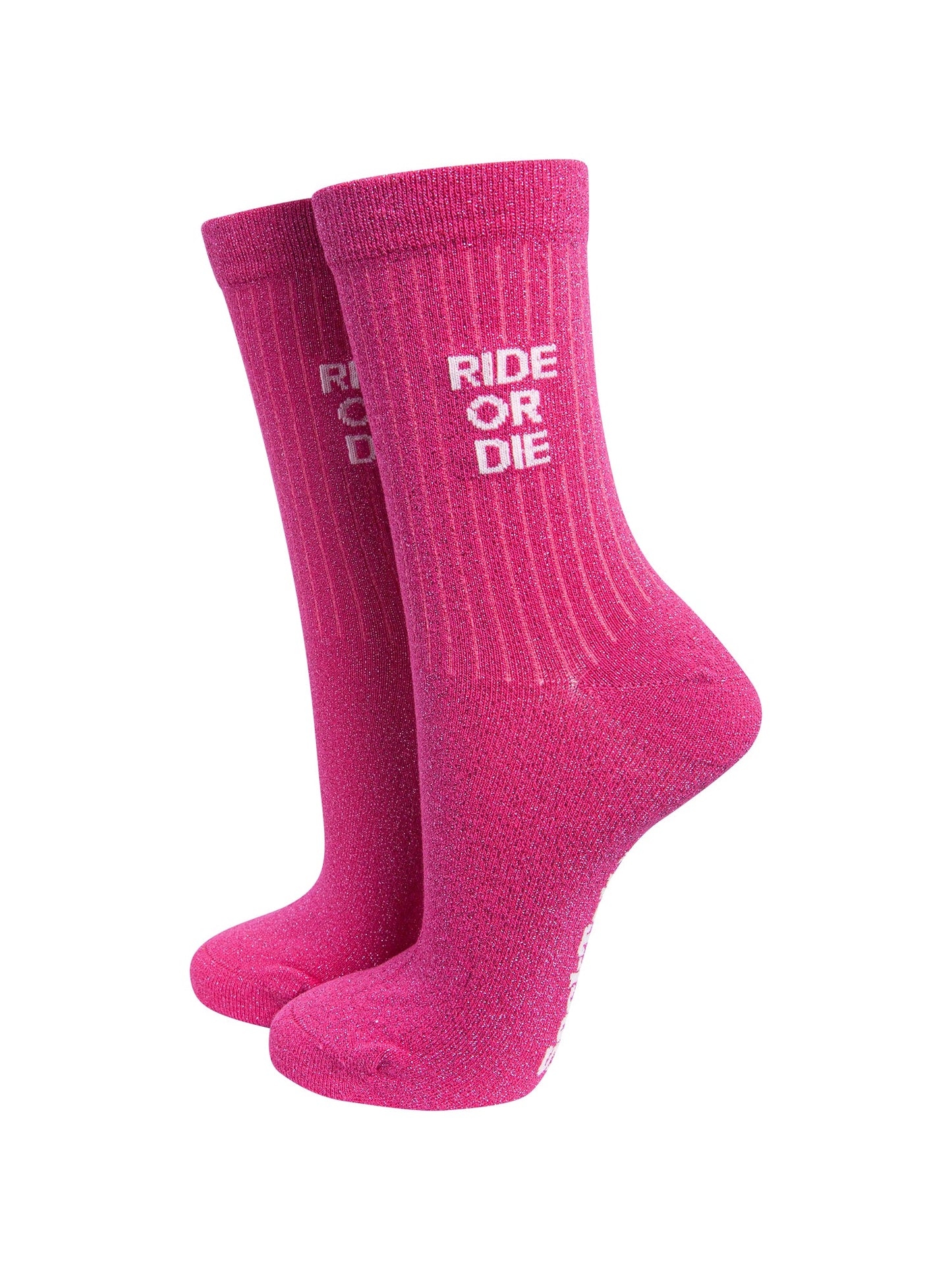 Ride-or-Die-Combed-Cotton-Glitter-Socks-in-Hot-Pink-On-Mannequin
