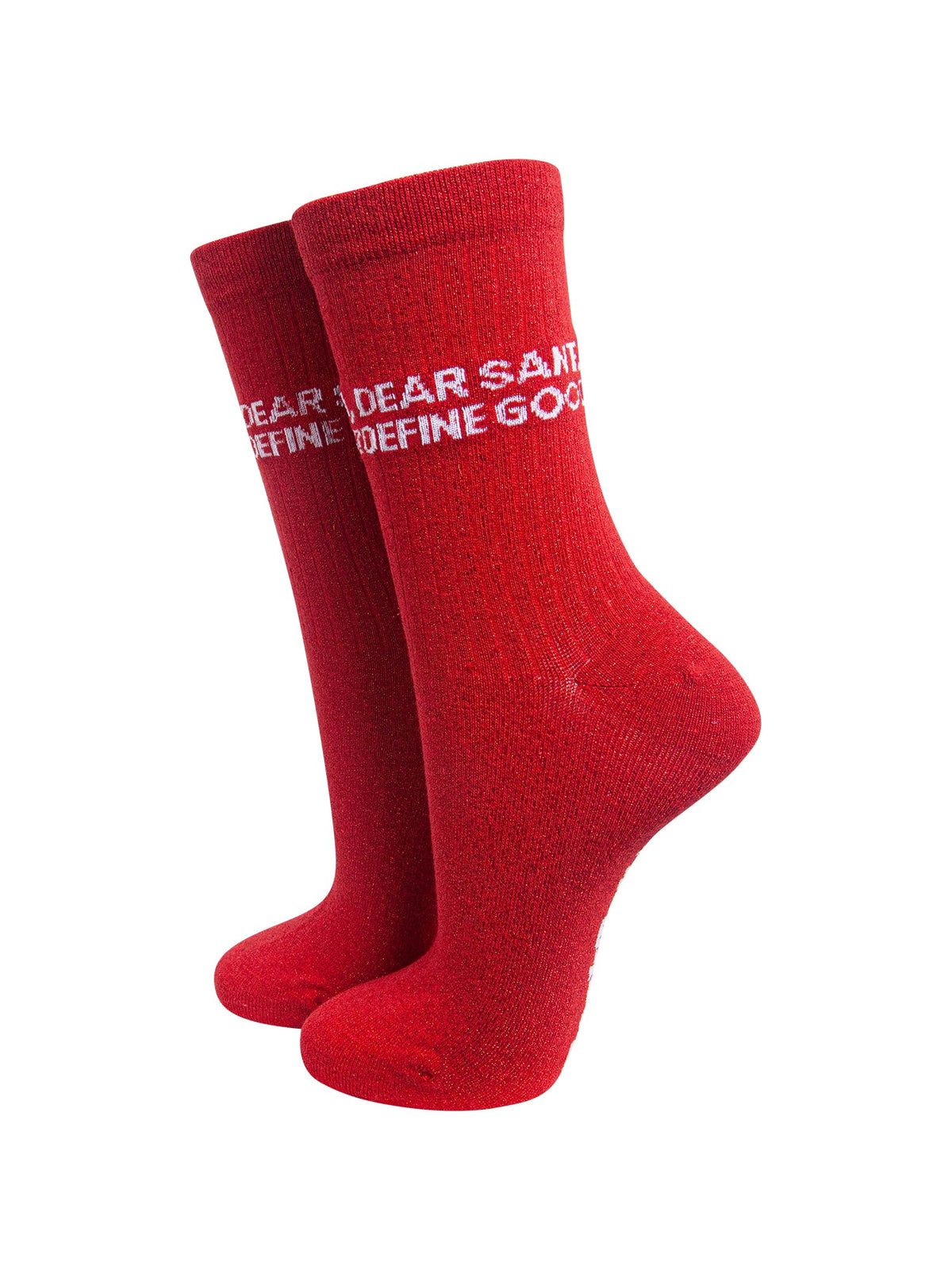 Dear-Santa,-Define-Good?-Combed-Cotton-Glitter-Socks-in-Red-On-Mannequin