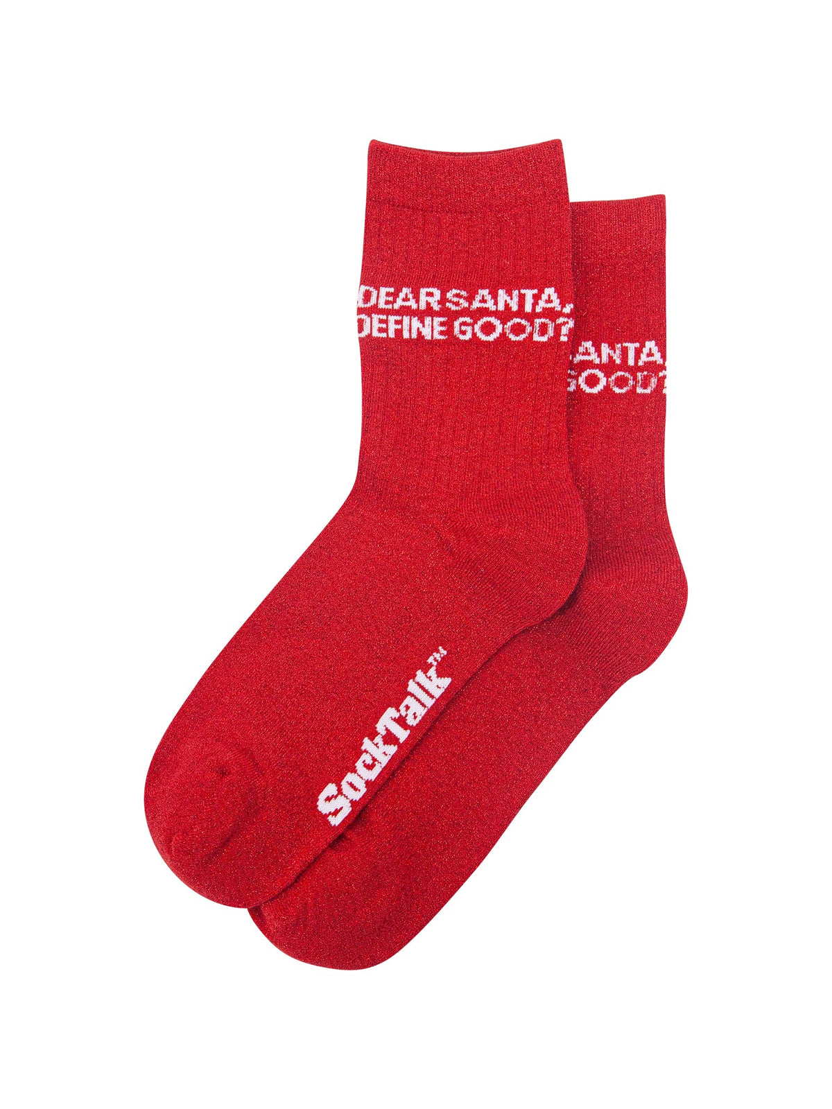 Dear-Santa,-Define-Good?-Combed-Cotton-Glitter-Socks-in-Red-Laid-Flat