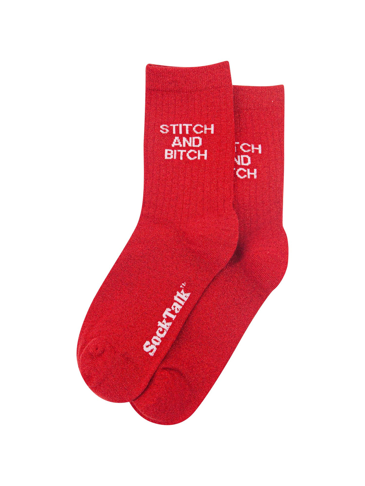 Stitch-and-Bitch-Combed-Cotton-Glitter-Socks-in-Red-On-Mannequin-Laid-Flat