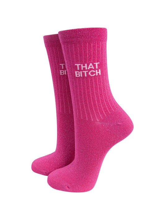 That Bitch Combed Cotton Glitter Socks in Hot Pink