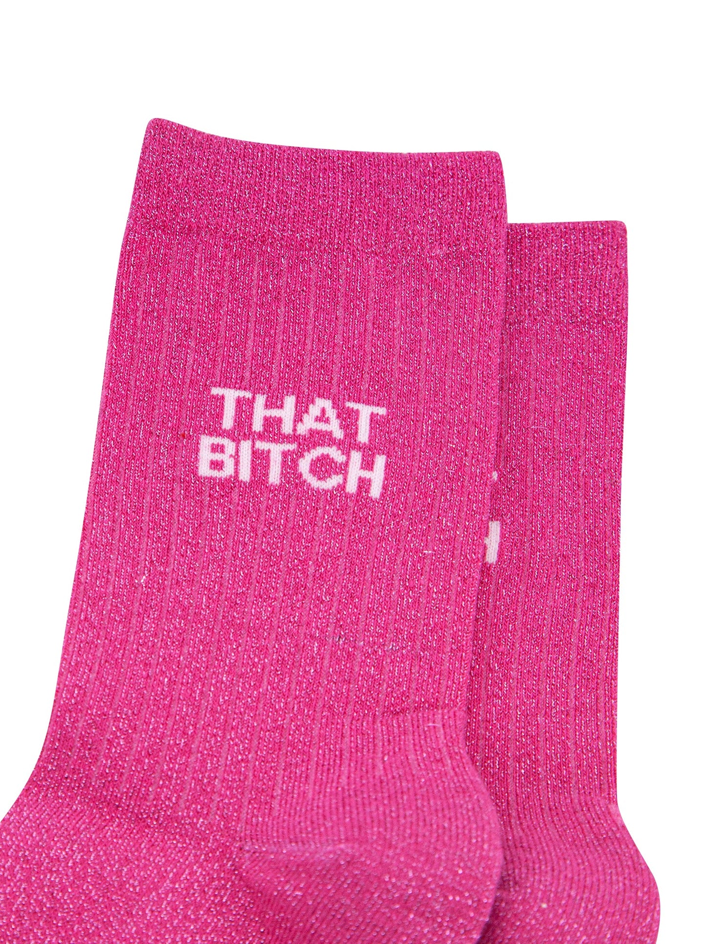 That Bitch Combed Cotton Glitter Socks in Hot Pink
