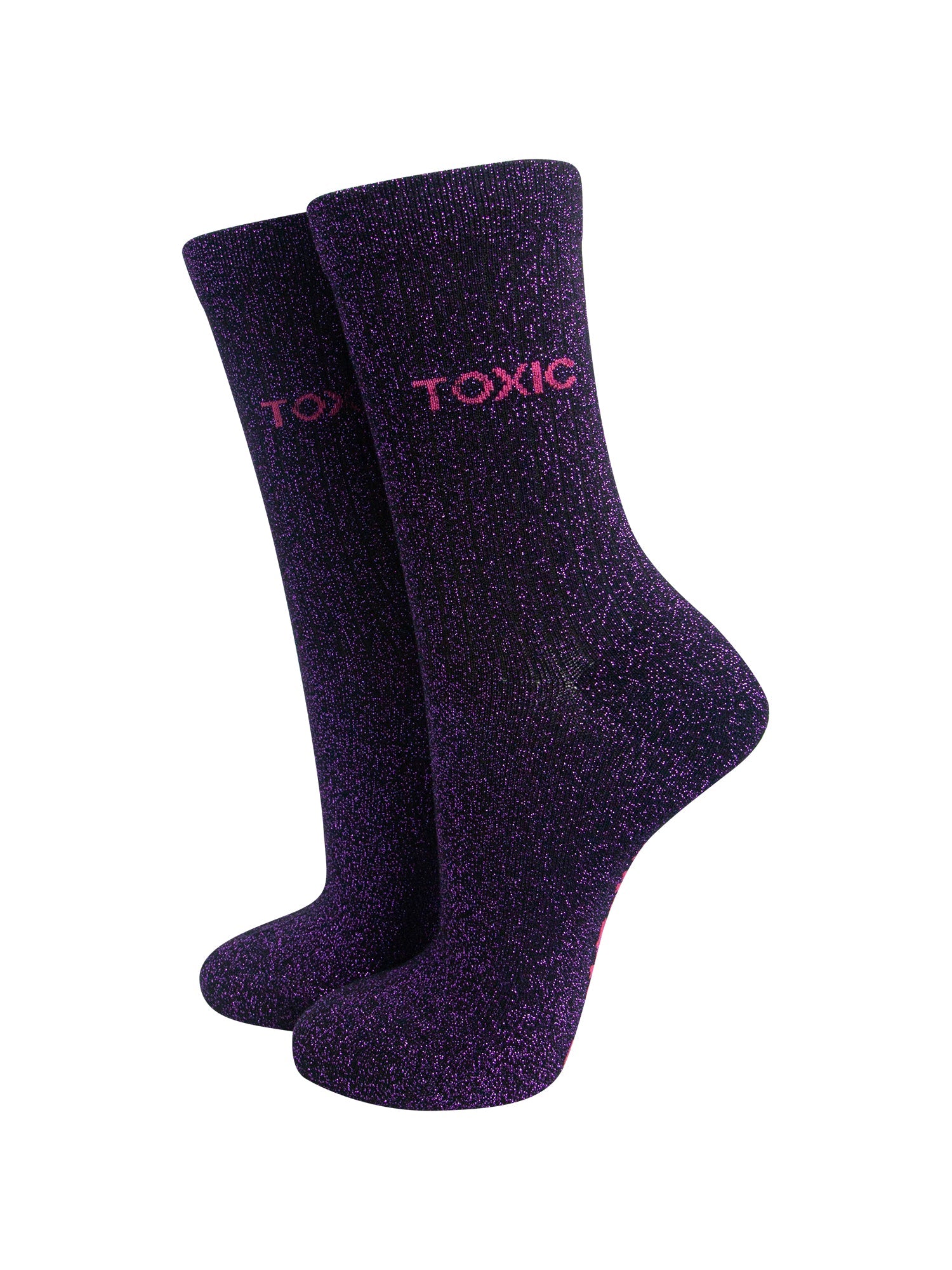 Toxic-Combed-Cotton-Glitter-Socks-in-Black-Purple-On-Mannequin