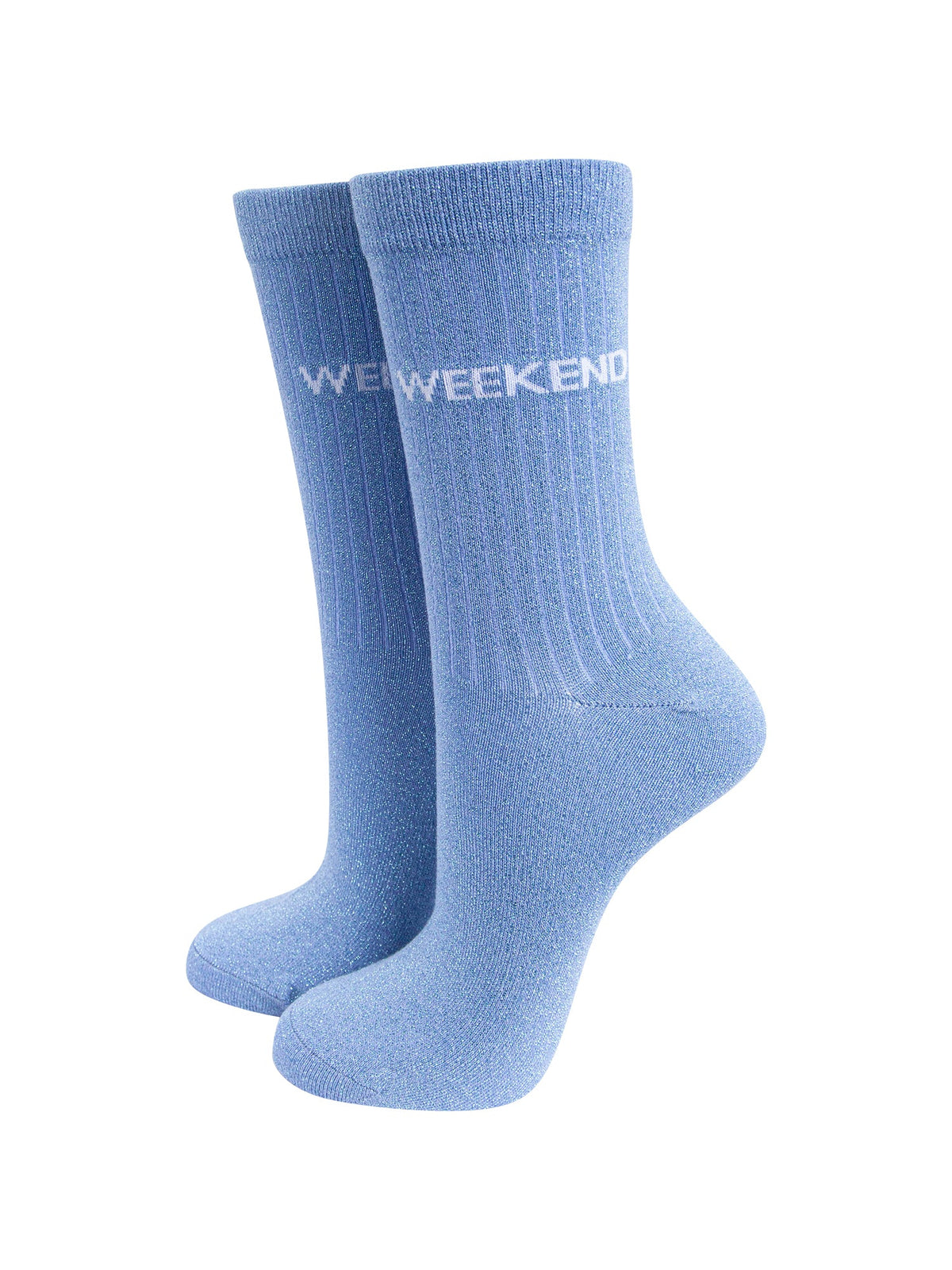 Weekend-Glitter-Combed-Cotton-Word-Crew-Socks-for-Women-Blue-mannequin