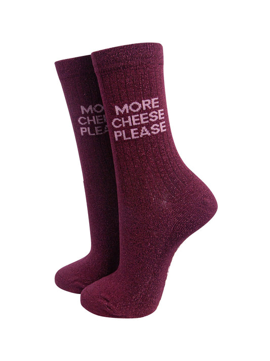 More-Cheese-Please-Combed-Cotton-Glitter-Socks-in-Wine-On-Mannequin