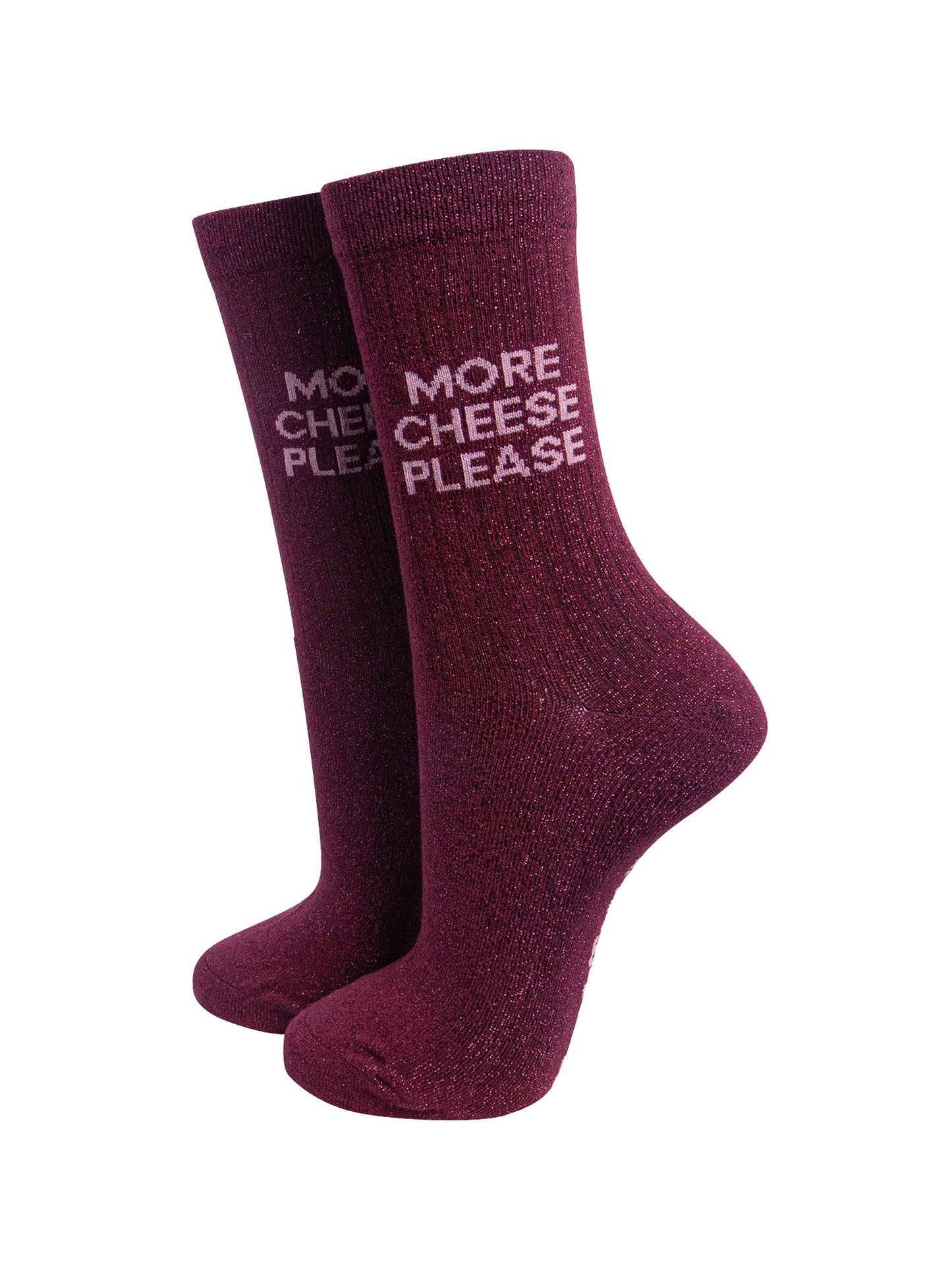 More-Cheese-Please-Combed-Cotton-Glitter-Socks-in-Wine-On-Mannequin