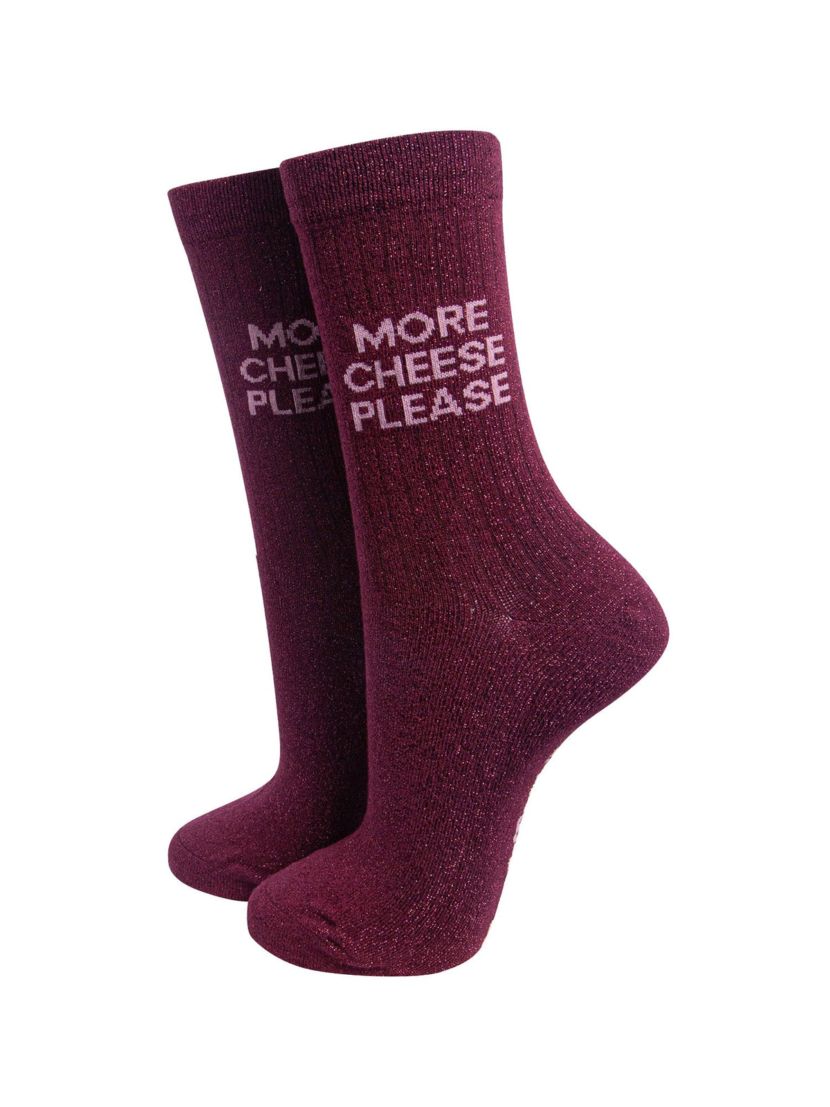 More-Cheese-Please-Combed-Cotton-Glitter-Socks-in-Wine-On-Mannequin