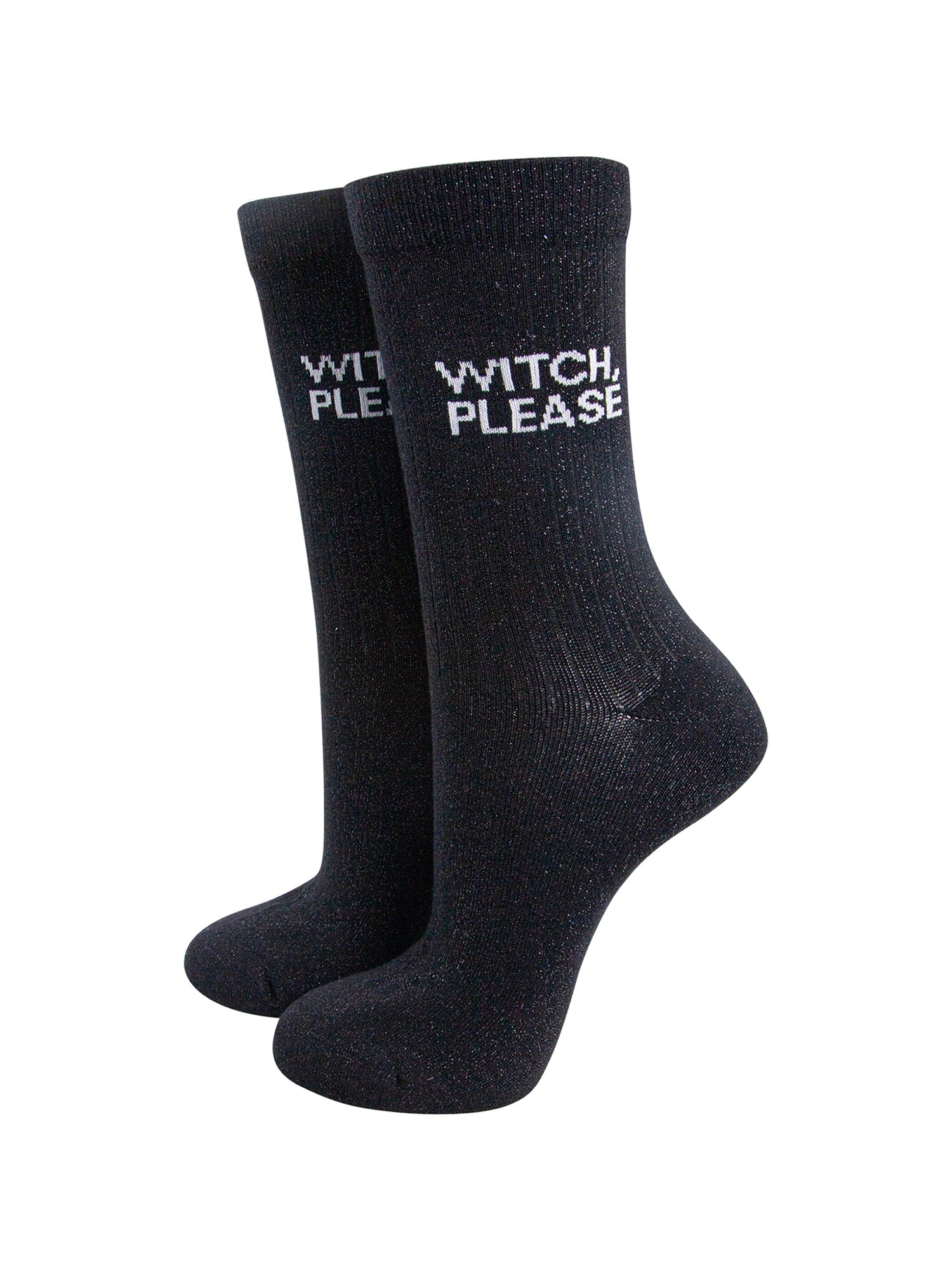 Witch-Please-Glitter-Combed-Cotton-Word-Crew-Socks-for-Women-Black-mannequin