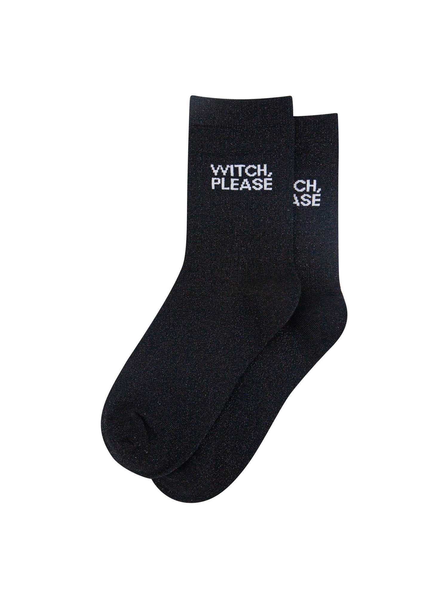 Witch-Please-Glitter-Combed-Cotton-Word-Crew-Socks-for-Women-Black-flat-lay