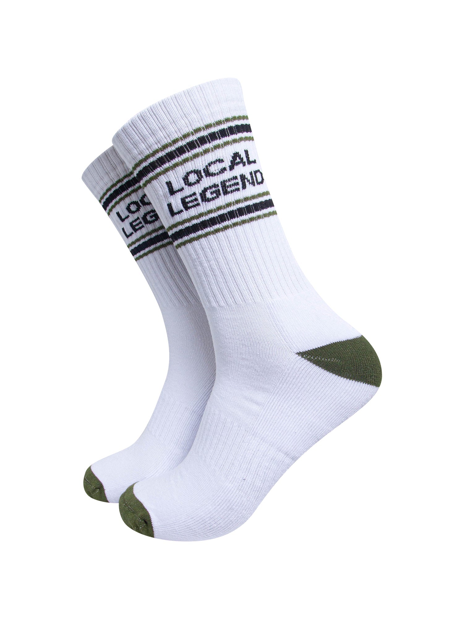 Local-Legend-Organic-Cotton-Sports-Socks-in-White/Khaki-Green-On-Mannequin
