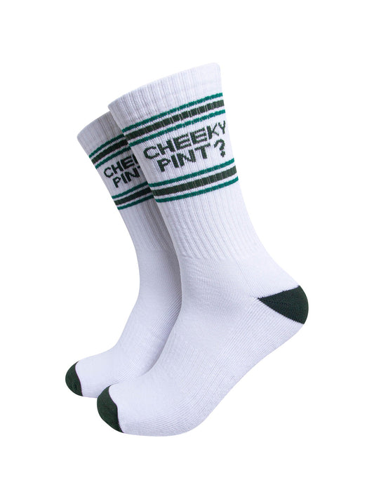 Cheeky-Pint?-Organic-Cotton-Sports-Socks-in-White/Green-On-Mannequin