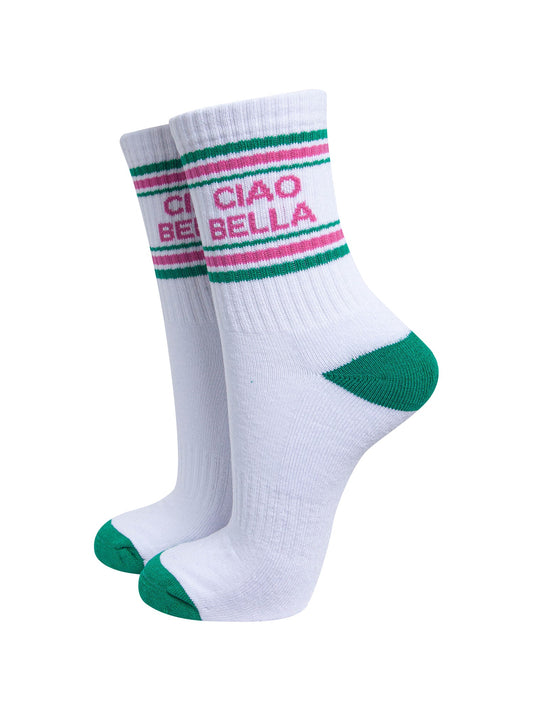 Ciao-Bella-Organic-Cotton-Sports-Socks-in-White/Green-On-Mannequin