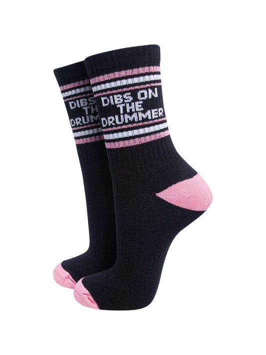 Dibs-On-The-Drummer-Organic-Cotton-Sports-Socks-in-Black/Pink-On-Mannequin
