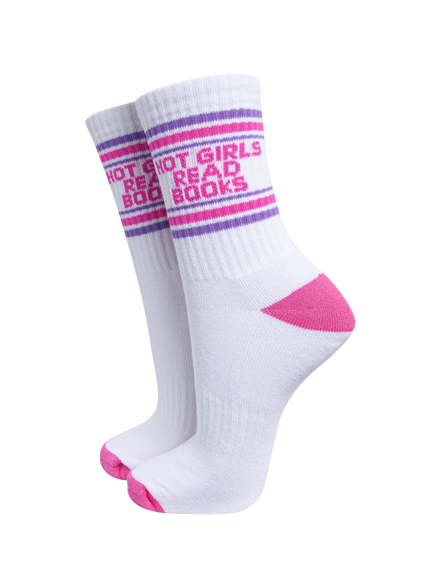 Hot-Girls-Read-Books-Organic-Cotton-Sports-Socks-in-White/Hot-Pink-On-Mannequin