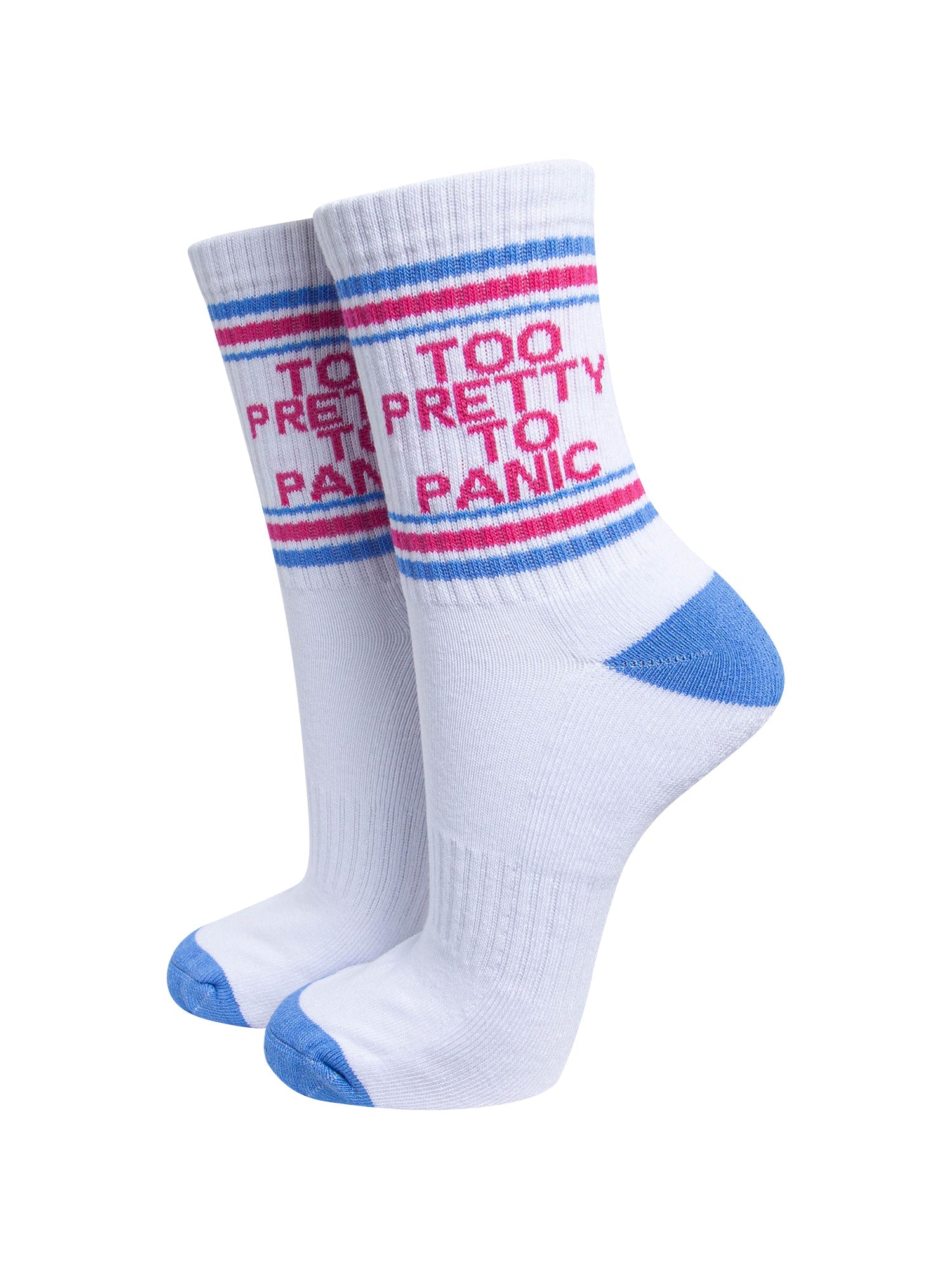 Too-Pretty-To-Panic-Organic-Cotton-Sports-Socks-in-White/Blue-On-Mannequin