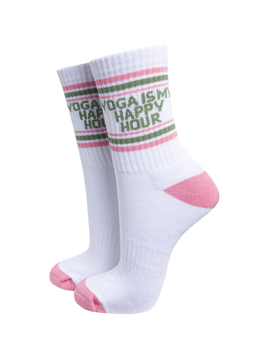 Yoga-Is-My-Happy-Hour-Organic-Cotton-Sports-Socks-in-White/Pink-On-Mannequin