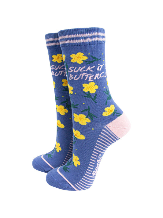 Suck-It-Up-Buttercup-Combed-Cotton-Socks-in-Blue-Mannequin
